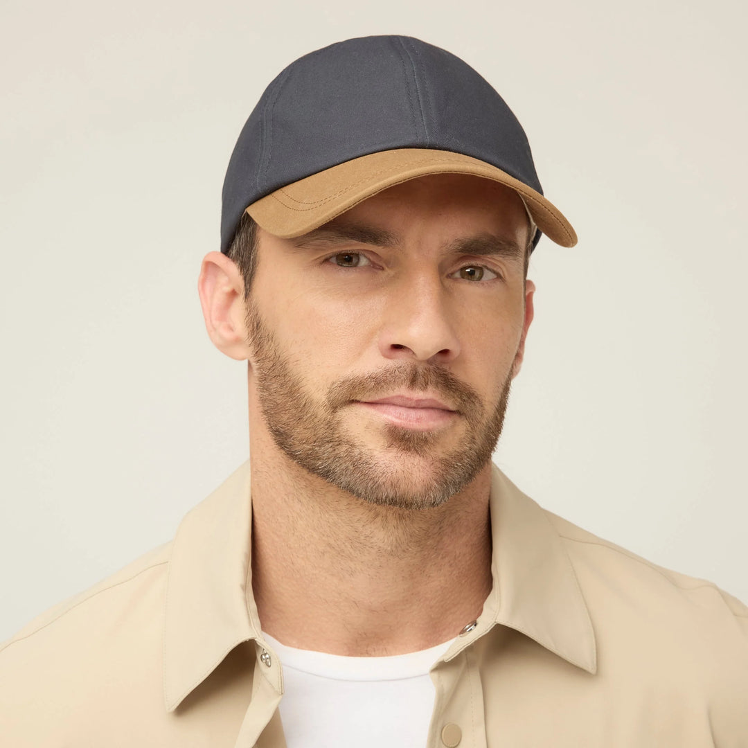 Tilley Adjustable Waxed Cotton Baseball Cap in Navy/Tan