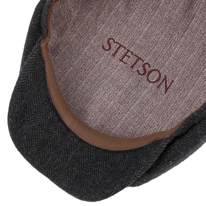 Stetson Wool Rich Hatteras Bakerboy / Newsboy Cap in Black & Grey Herringbone
