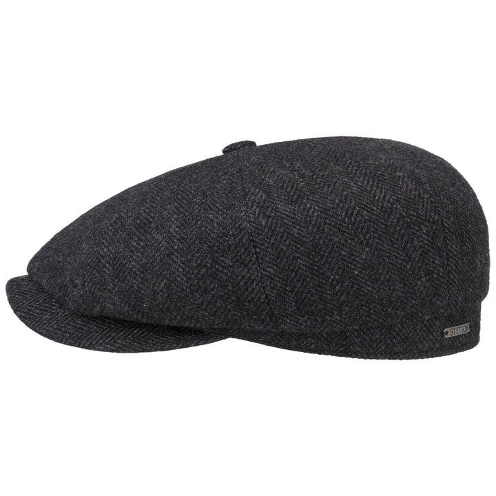 Stetson Wool Rich Hatteras Bakerboy / Newsboy Cap in Black & Grey Herringbone