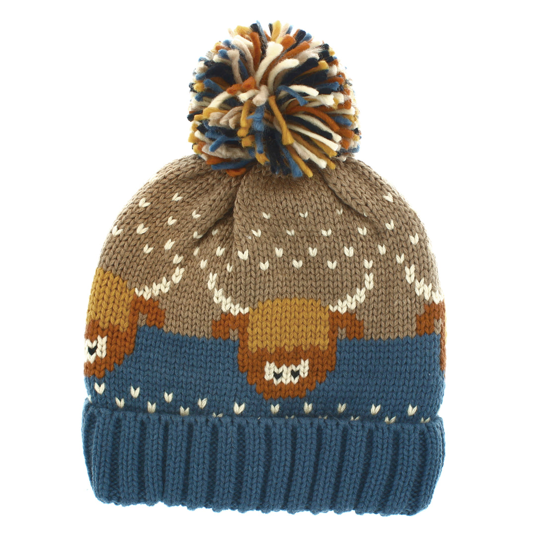 Highland Cow Bobble Hat Blue/Beige