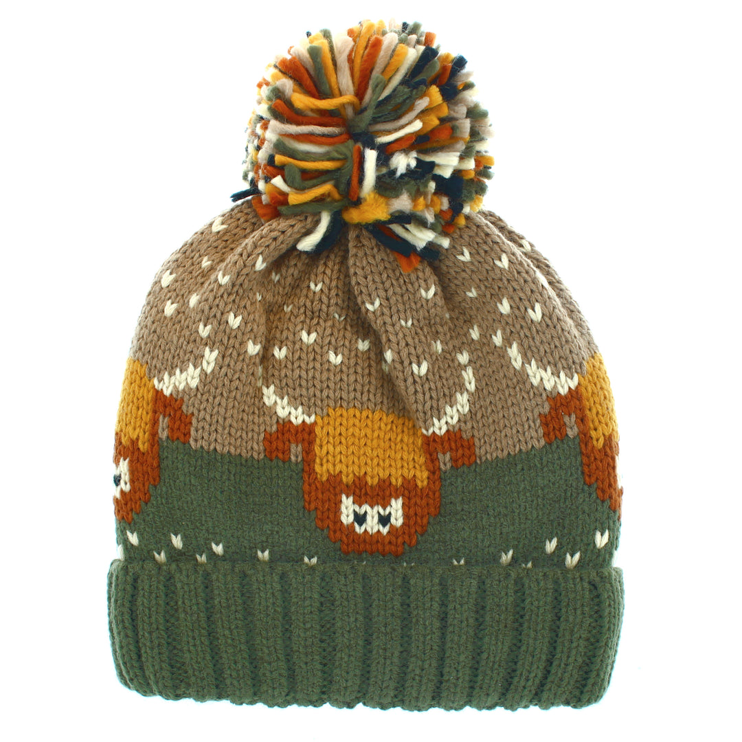 Highland Cow Bobble Hat Green/Beige