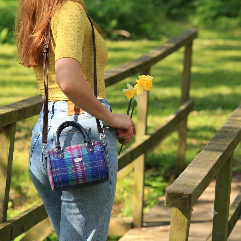 Glen Appin Harris Tweed Kilbride Mini Bowling Bag Blue & Teal Tartan