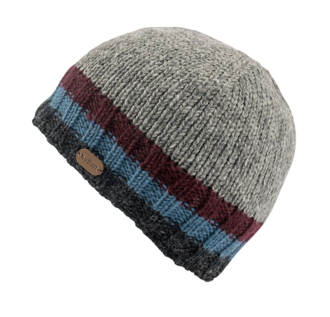 A knit beanie hat with a heather gray main body and horizontal stripes in dark gray, light blue, burgundy, and dark charcoal at the folded cuff. A small tan leather patch on the cuff is embossed with the brand name 'KuSan'.