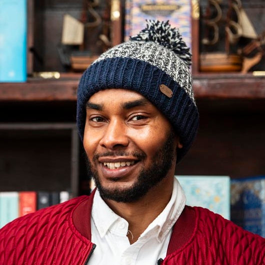 Kusan Grey Marl Wool Bobble Hat Navy