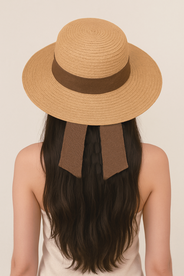 Ladies Tan Summer Straw Sun Hat with Brown Scarf Band