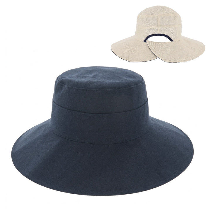 Women's Reversible Wide Cut Out Brim Sun Hat in Navy/Natural