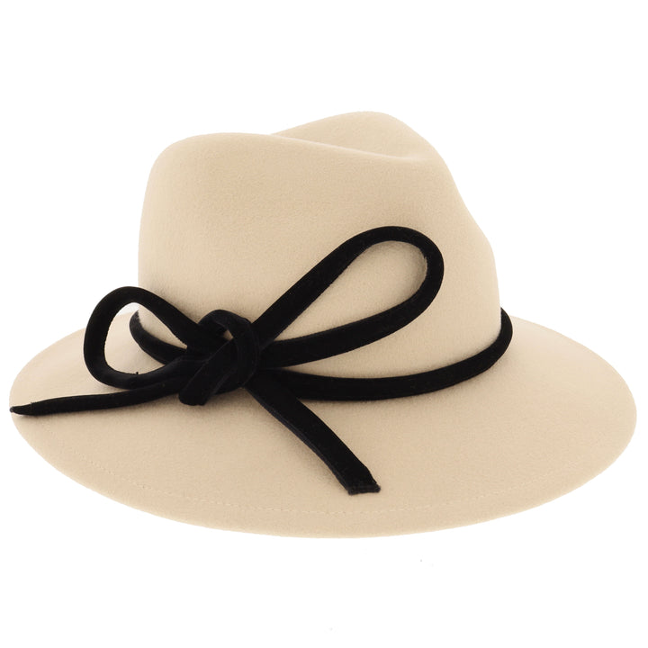 Ladies 100% Wool Fedora in Oatmeal With Black Bow