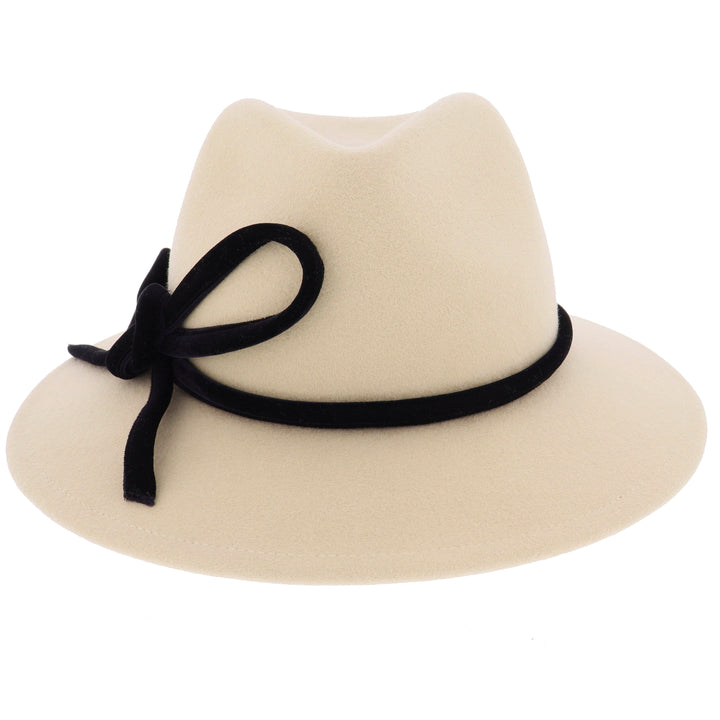 Ladies 100% Wool Fedora in Oatmeal With Black Bow