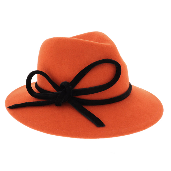 Ladies 100% Wool Fedora in Orange With Black Bow