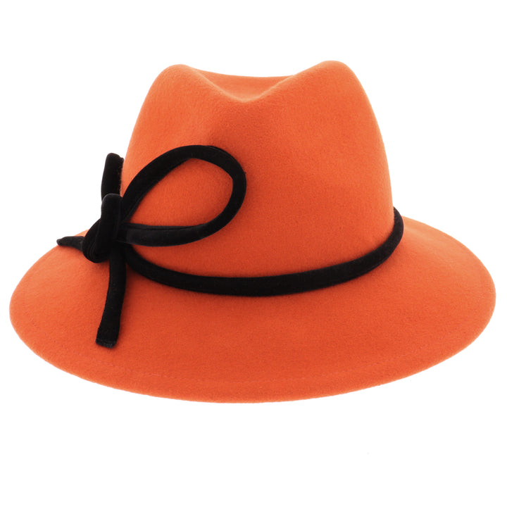 Ladies 100% Wool Fedora in Orange With Black Bow
