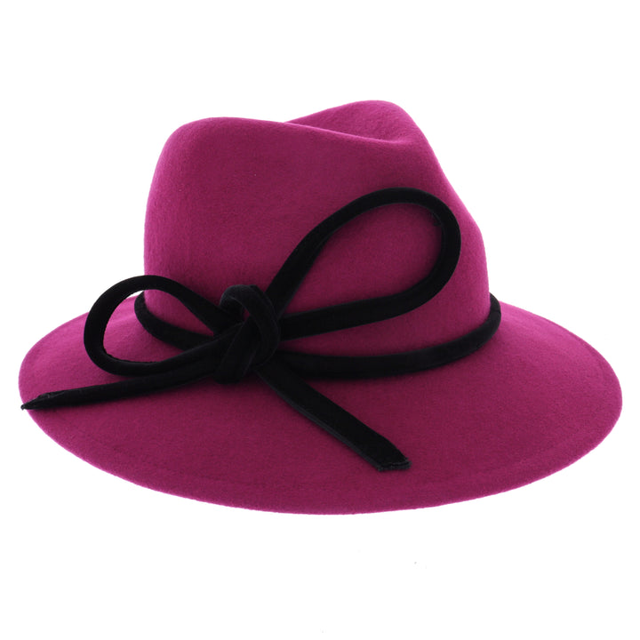 Ladies 100% Wool Fedora in Pink With Black Bow