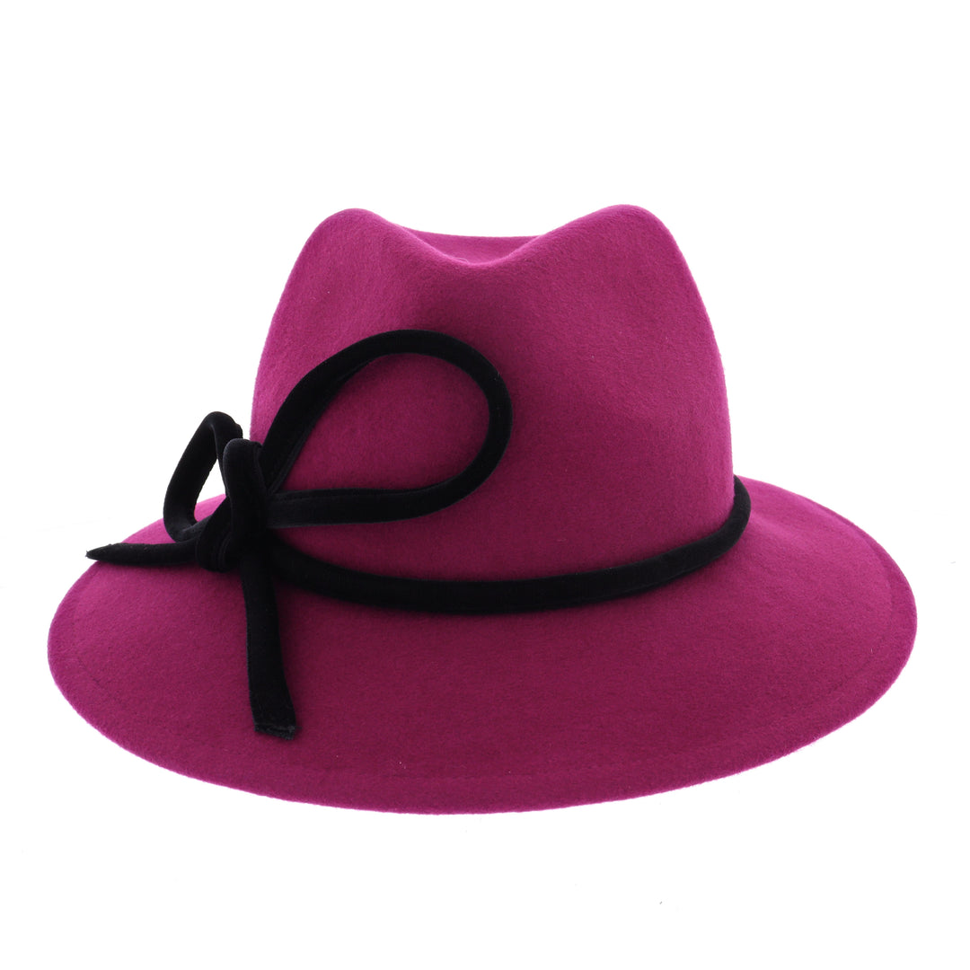 Ladies 100% Wool Fedora in Pink With Black Bow