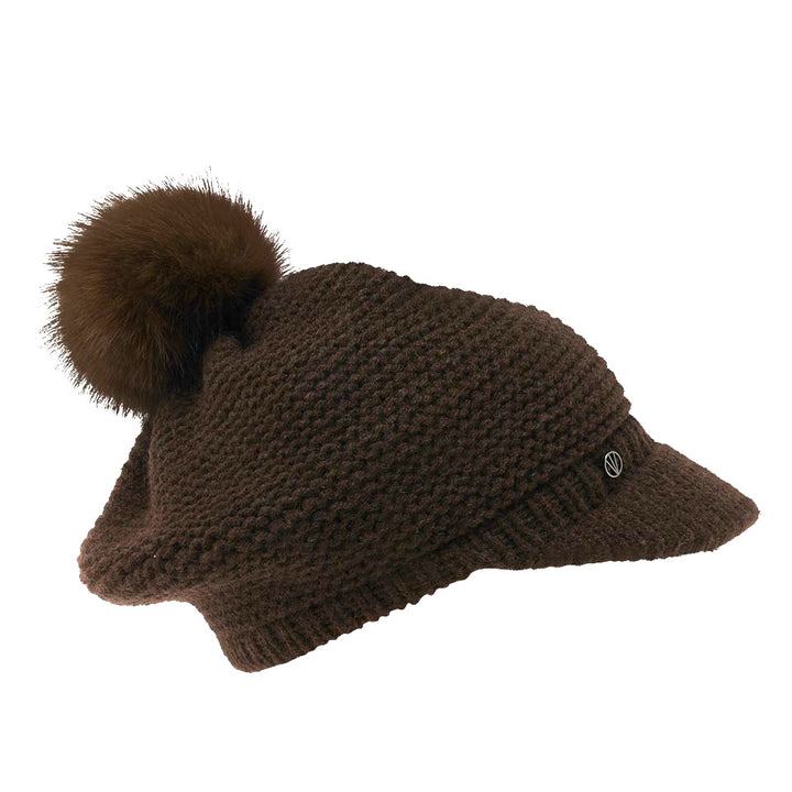 Loevenich Women's Knitted  Peak Cap With Pom in Chocolate