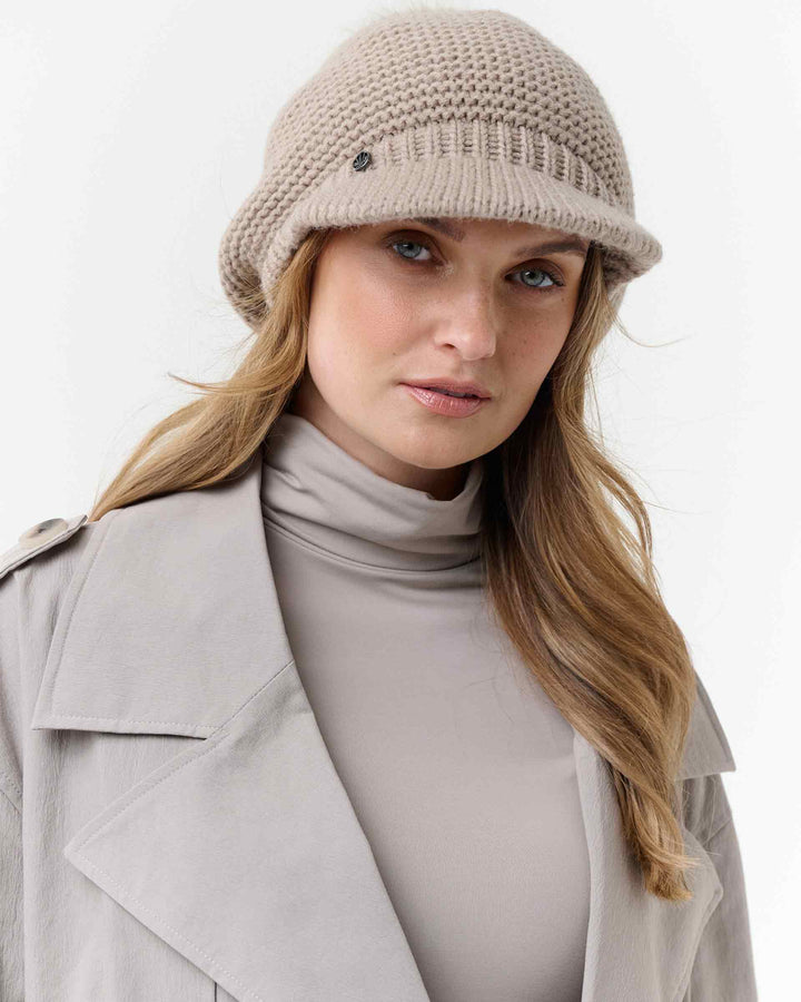 Loevenich Women's Knitted  Peak Cap With Pom in Taupe