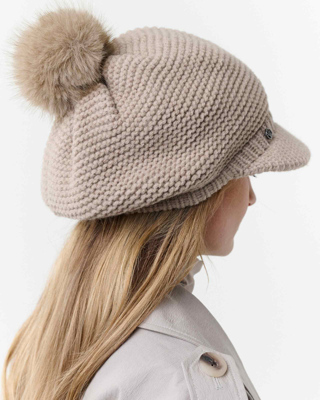 Loevenich Women's Knitted  Peak Cap With Pom in Taupe