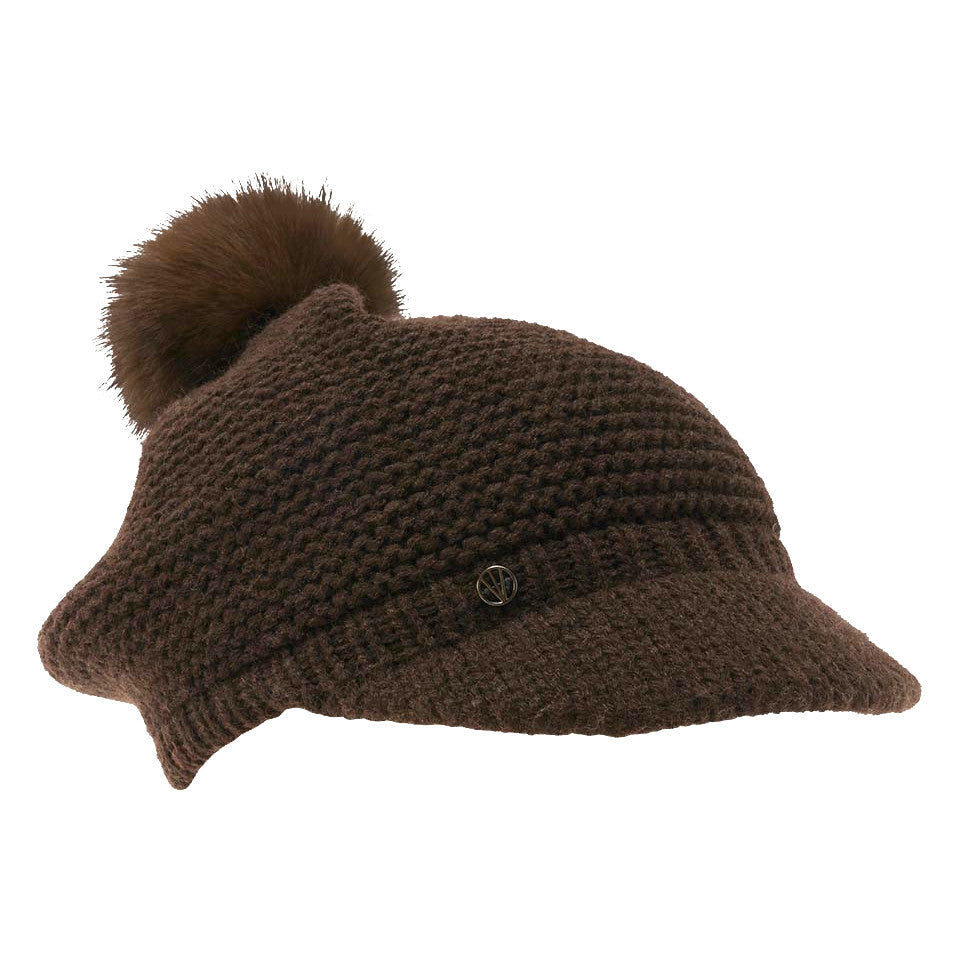 Loevenich Women's Knitted  Peak Cap With Pom in Chocolate