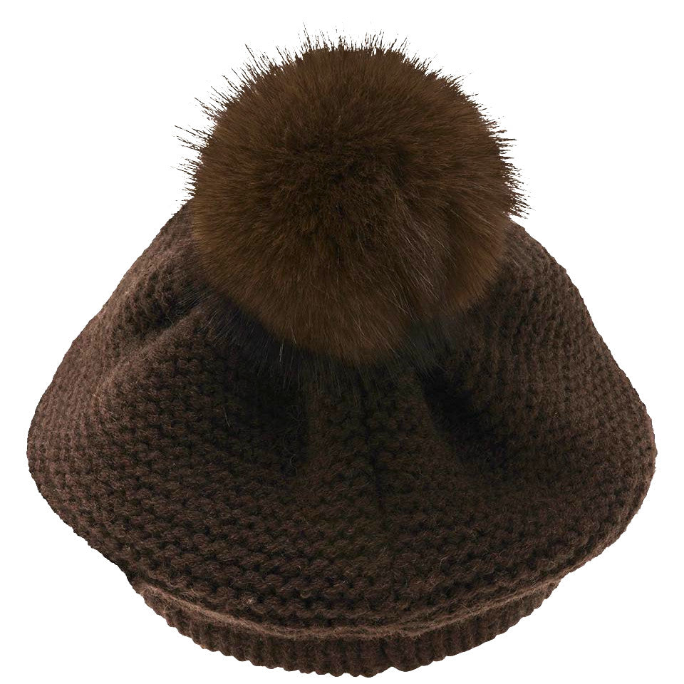 Loevenich Women's Knitted  Peak Cap With Pom in Chocolate