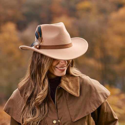 Failsworth Ladies Wool Fedora Hat With Feather in Camel