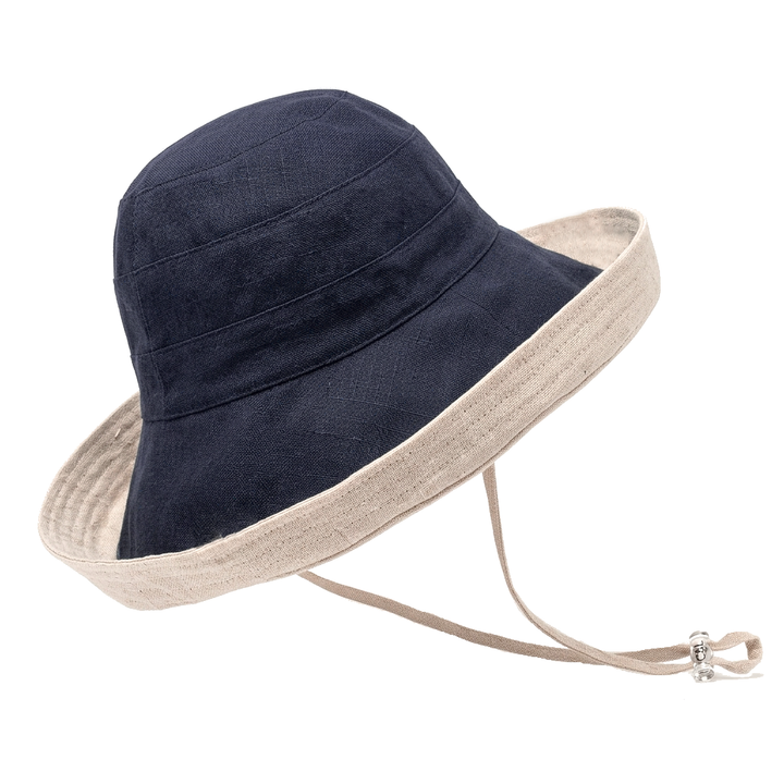 Ladies Cotton & Linen Reversible Wide Brim Sun Hat in Navy