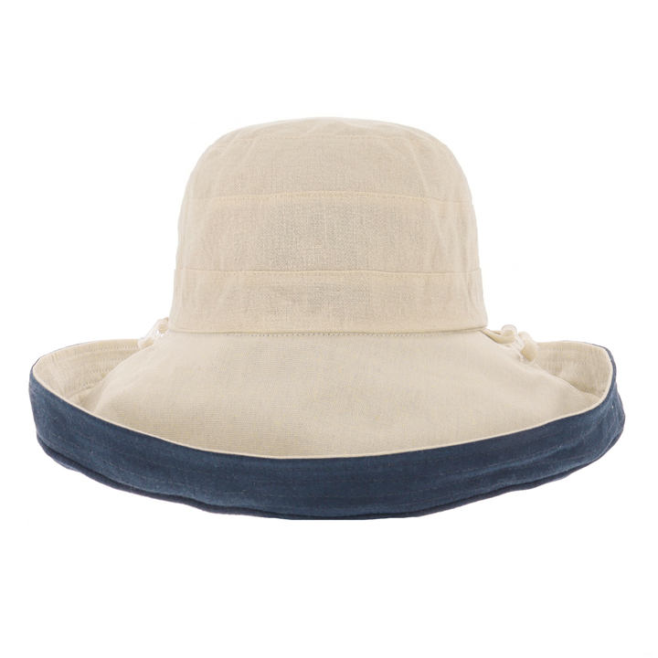Ladies Cotton & Linen Reversible Wide Brim Sun Hat in Navy
