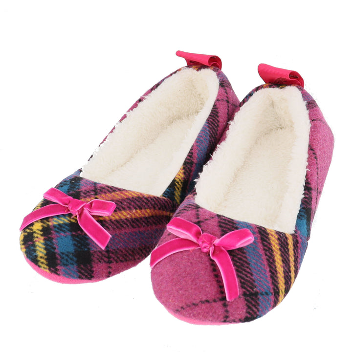 Maggna Women's Colourful Pink Tweed Slippers with Fleece Lining & Bow