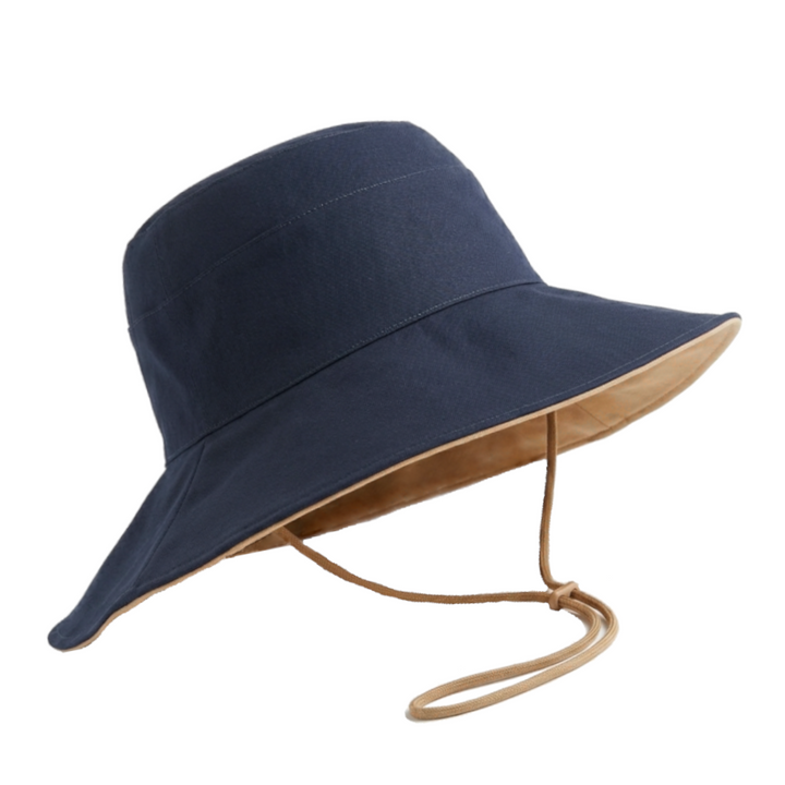 Women's Cotton Wide Brim & Reversible Sun Hat in Navy/Caramel