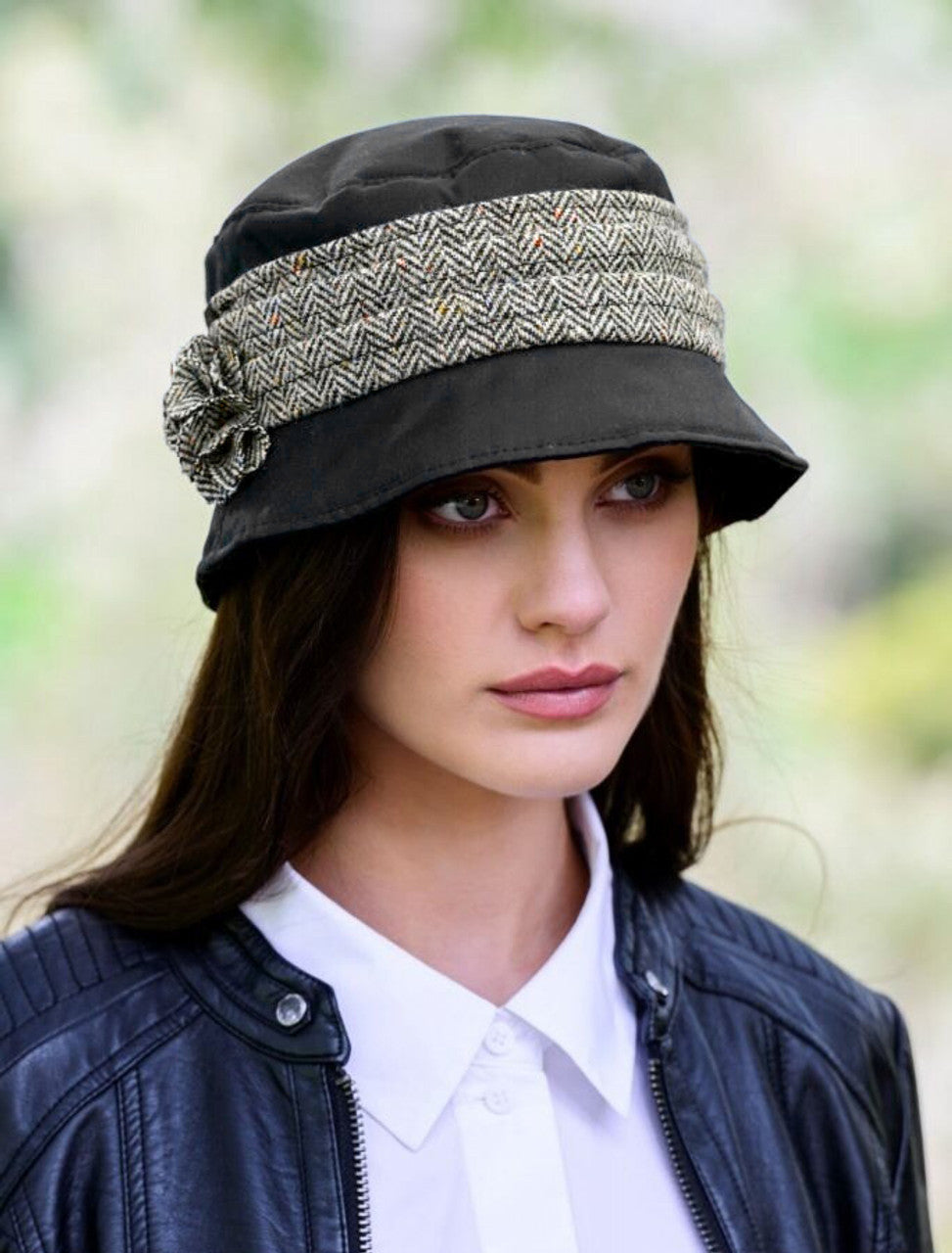 Black Waxed Bucket Hat With Tweed Band & Flower