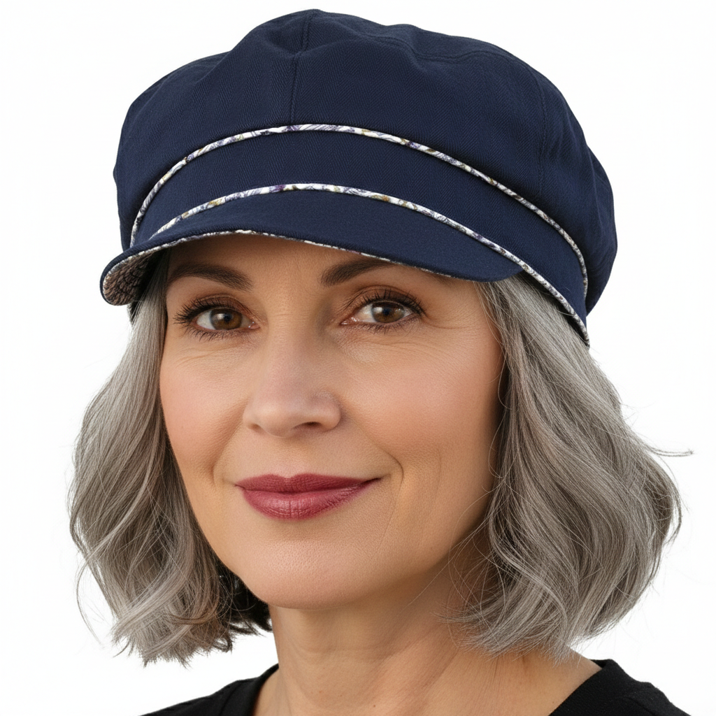 Ladies Cotton Sun Cap With Floral Printed Trim in Navy