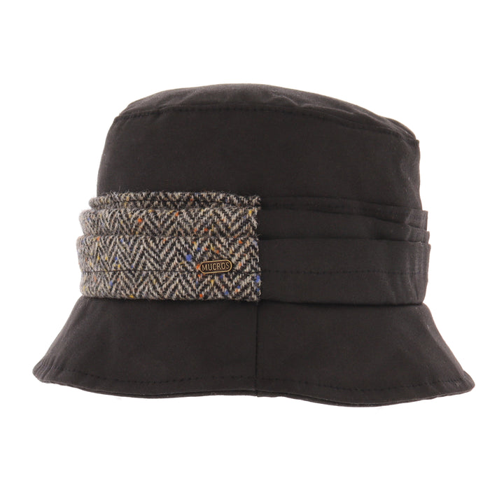 Black Waxed Bucket Hat With Tweed Band & Flower