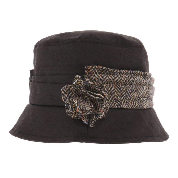 Black Waxed Bucket Hat With Tweed Band & Flower