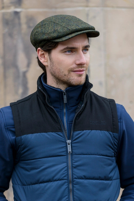 Kerry Wool Flat Drivers Cap In Green Herringbone