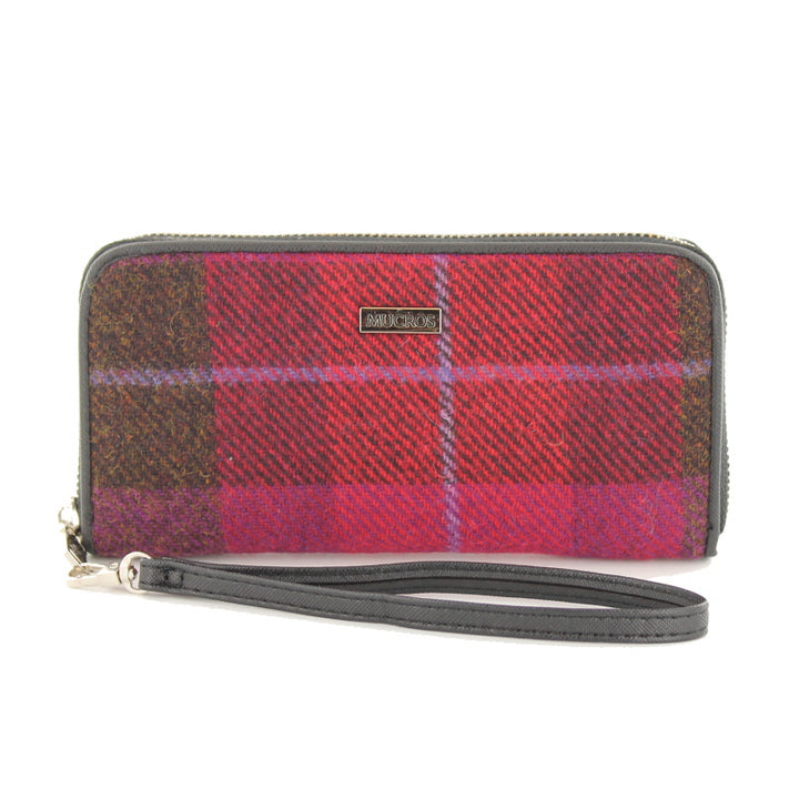 Mucros Weavers Large Zip Purse With Carry Strap in Pink Check