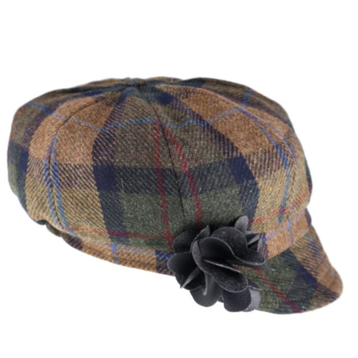 Green & Brown Check 100% Wool Women's Bakerboy Cap