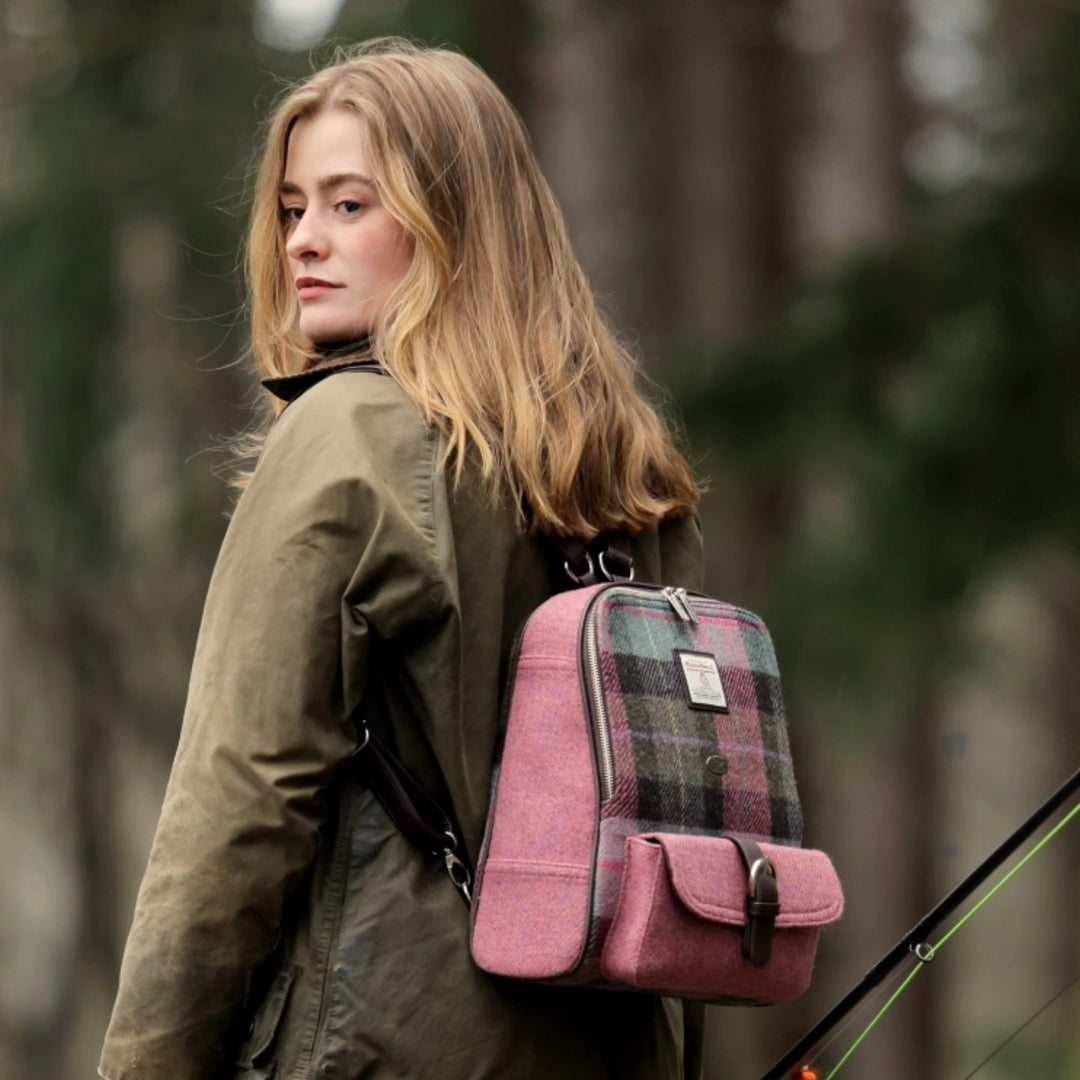 Glen Appin Harris Tweed Naver Backpack Green & Pink Tartan