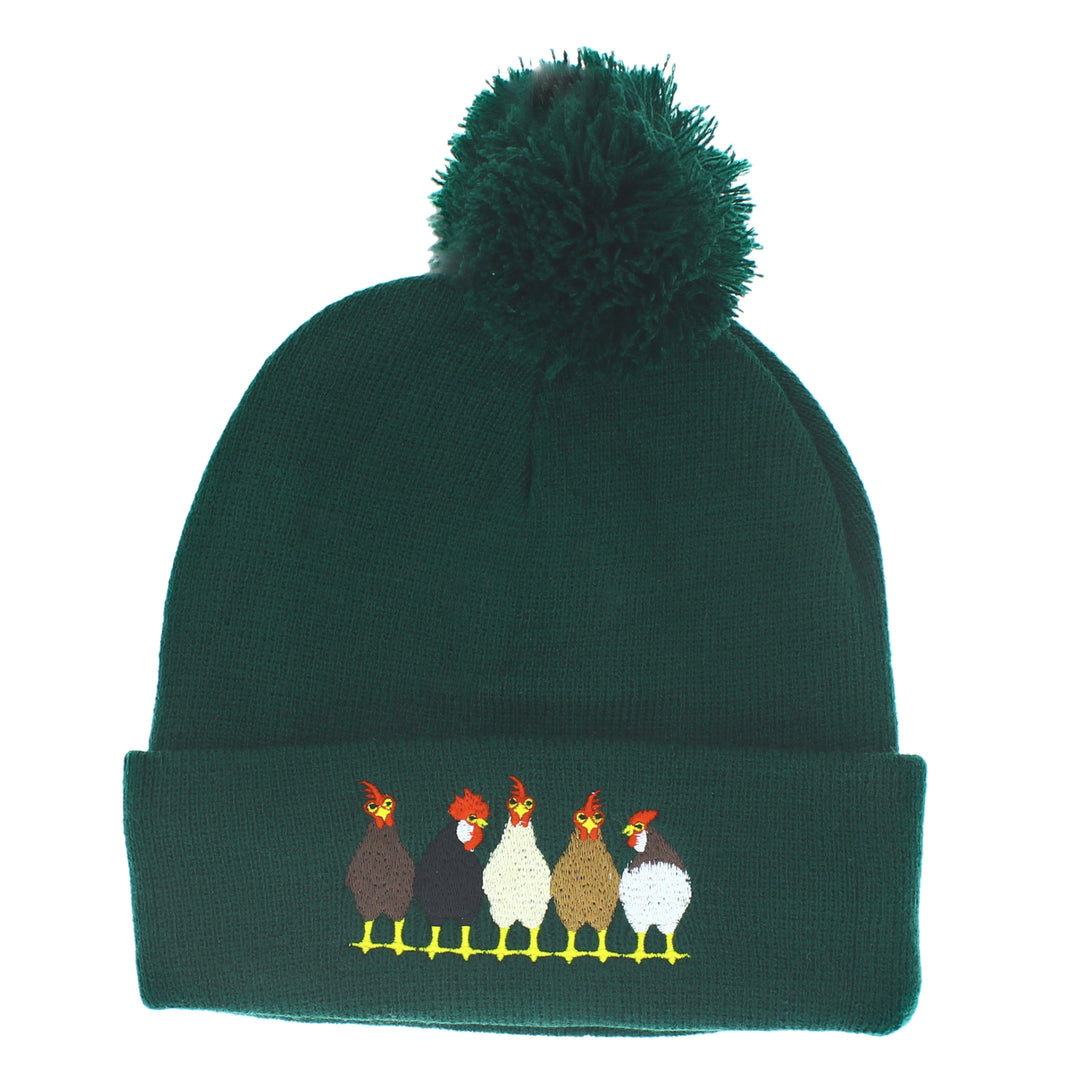Chickens Embroidered Bobble Hat in Green