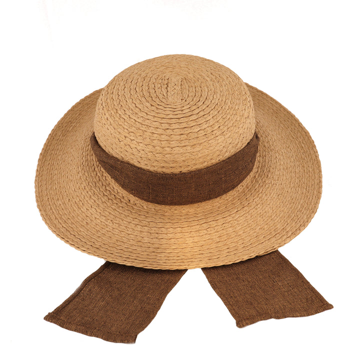 Ladies Tan Summer Straw Sun Hat with Brown Scarf Band