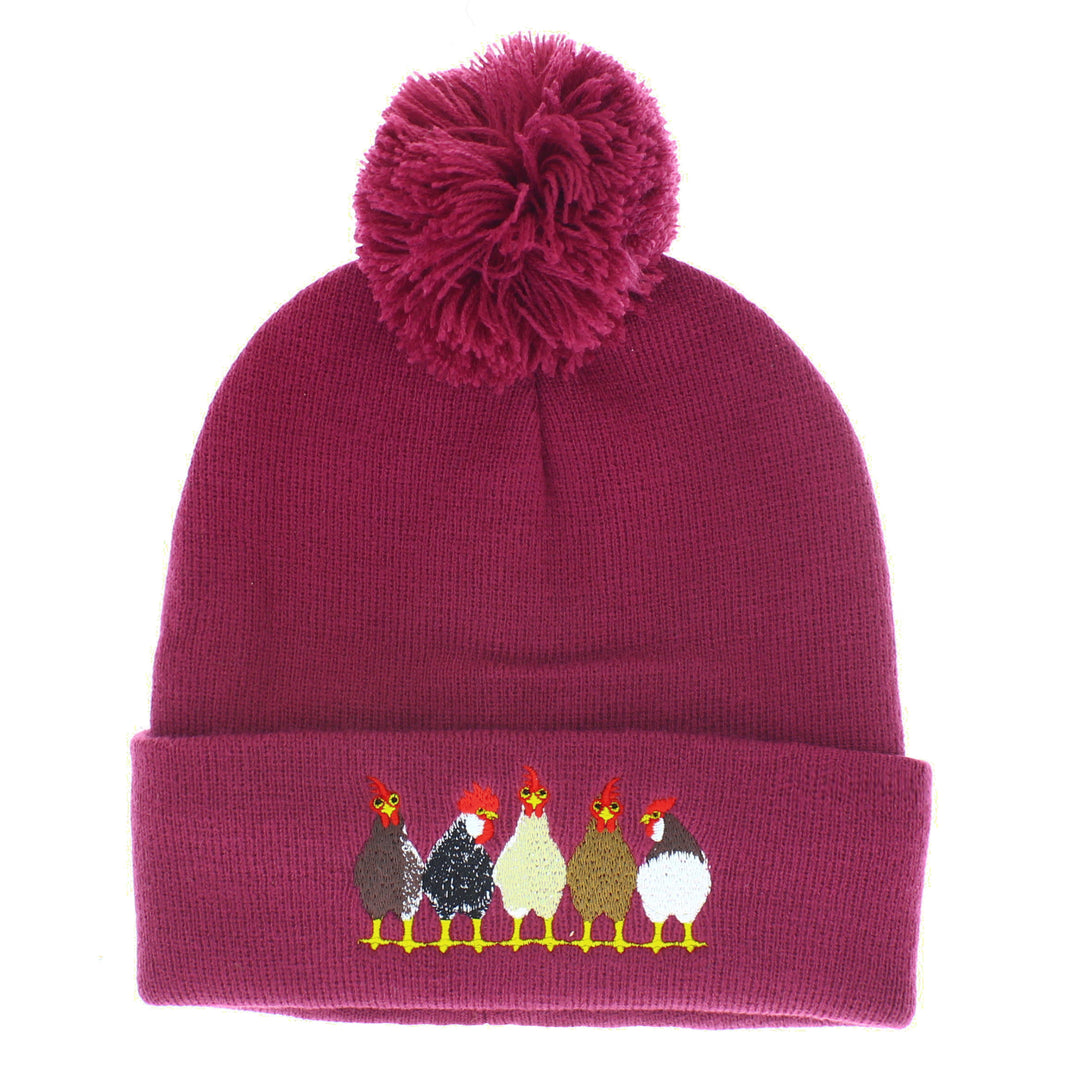 Chickens Embroidered Bobble Hat in Plum