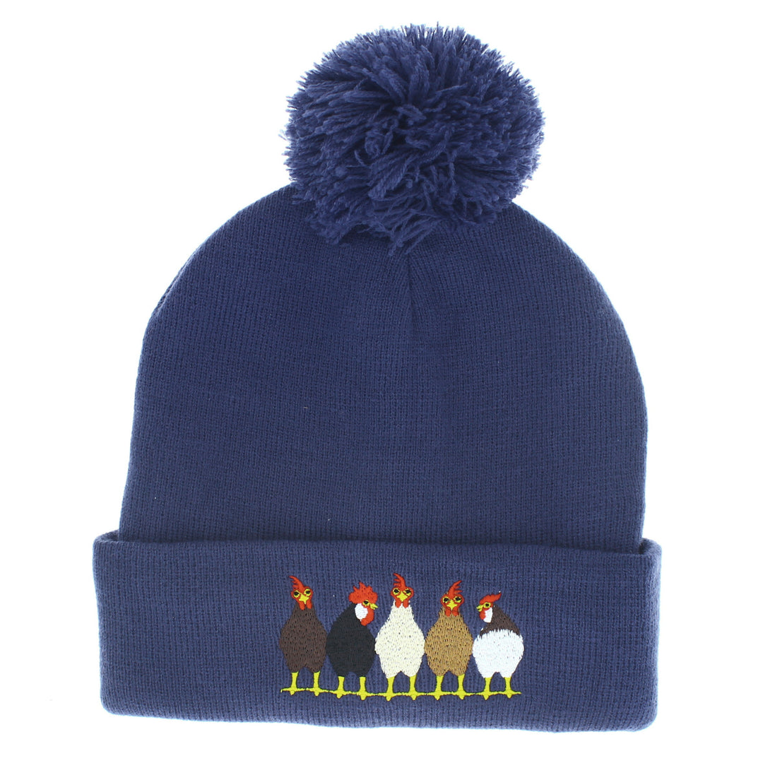 Chickens Embroidered Bobble Hat in Blue