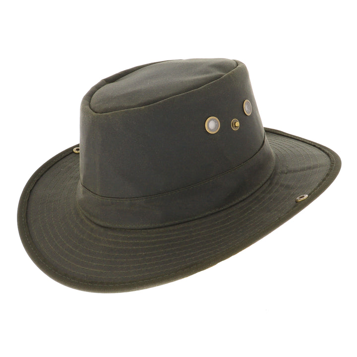 Waxed Cotton Aussie Style Bush Hat With Pin Up Brim in Olive