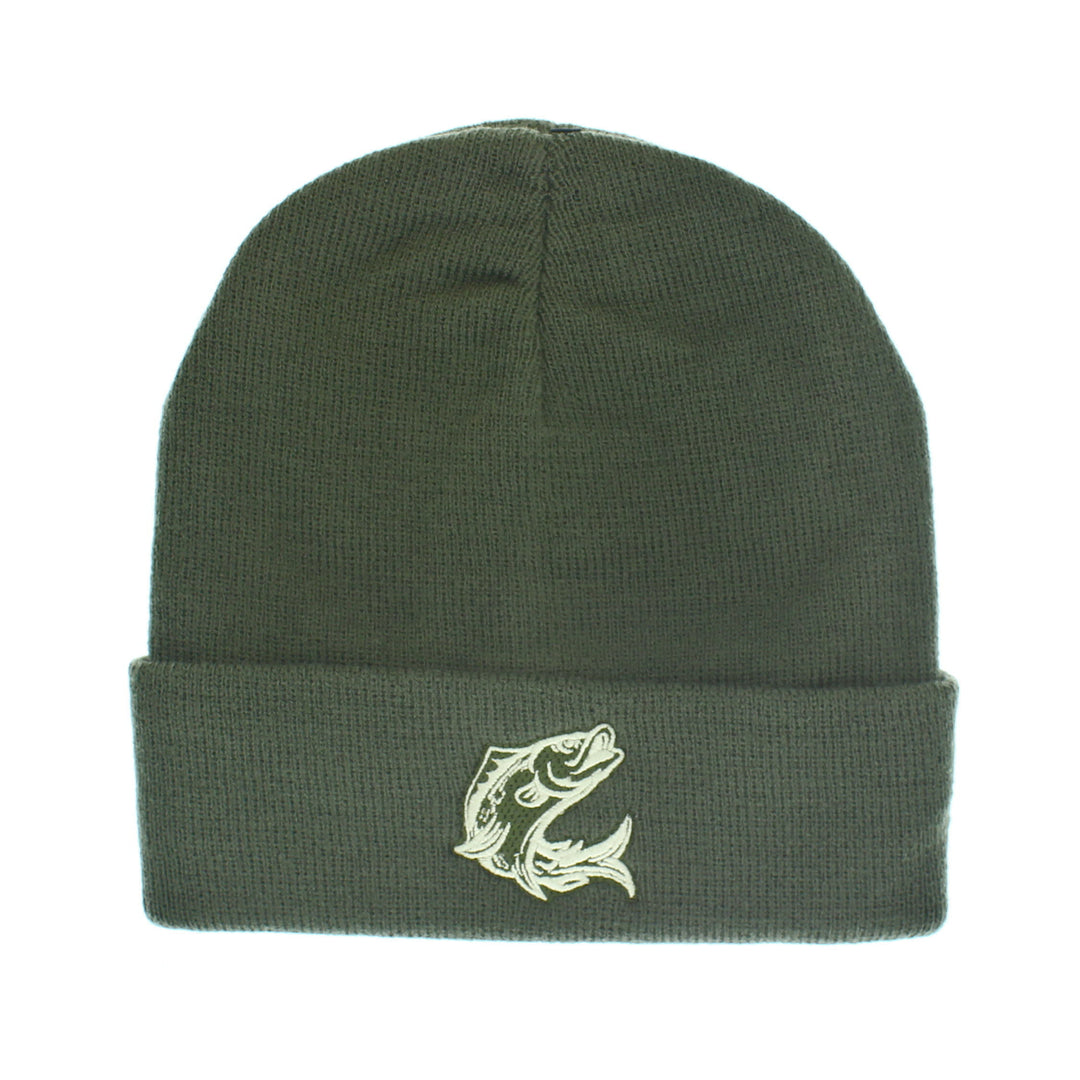 Fish Embroidered Beanie Hat in Olive
