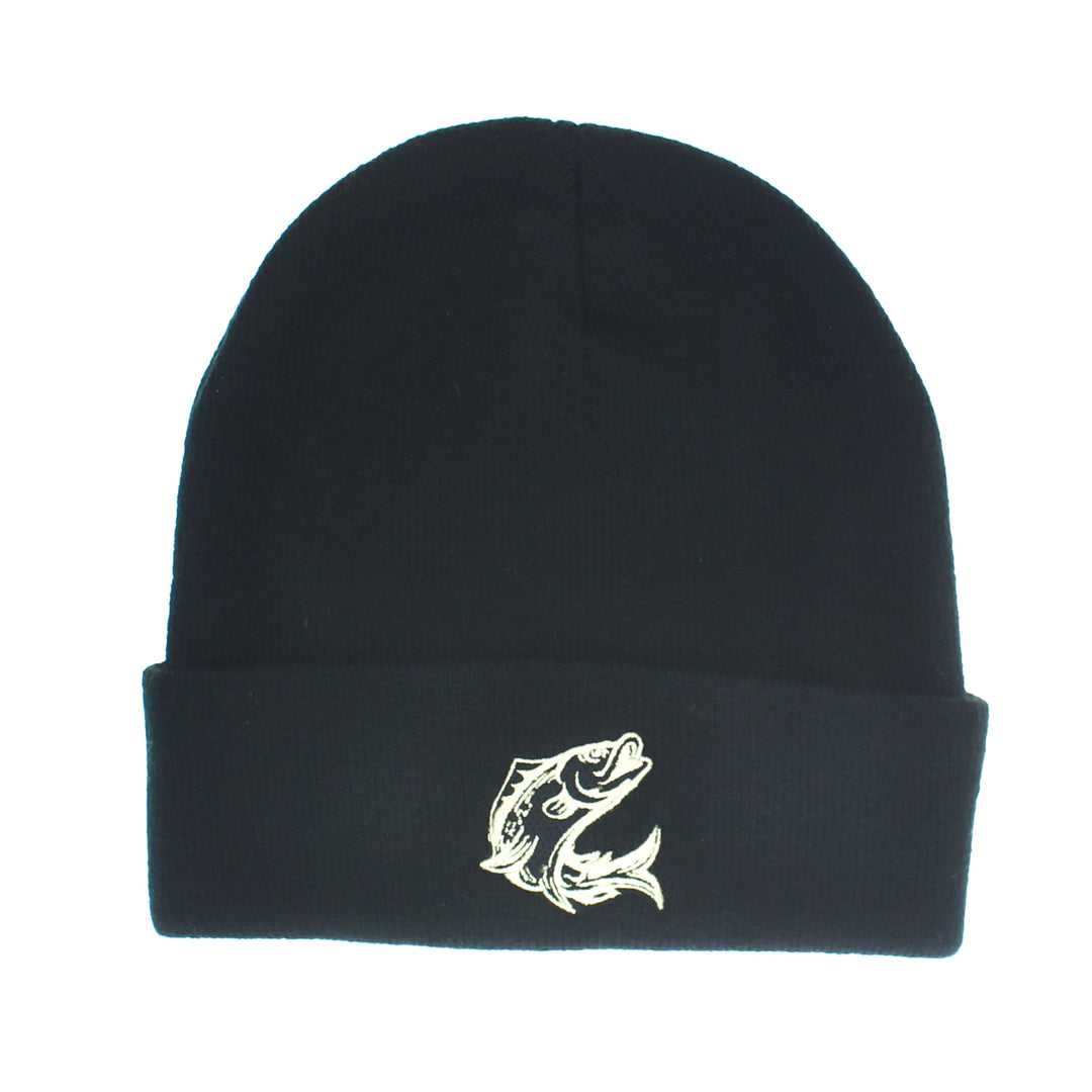 Fish Embroidered Beanie Hat in Black