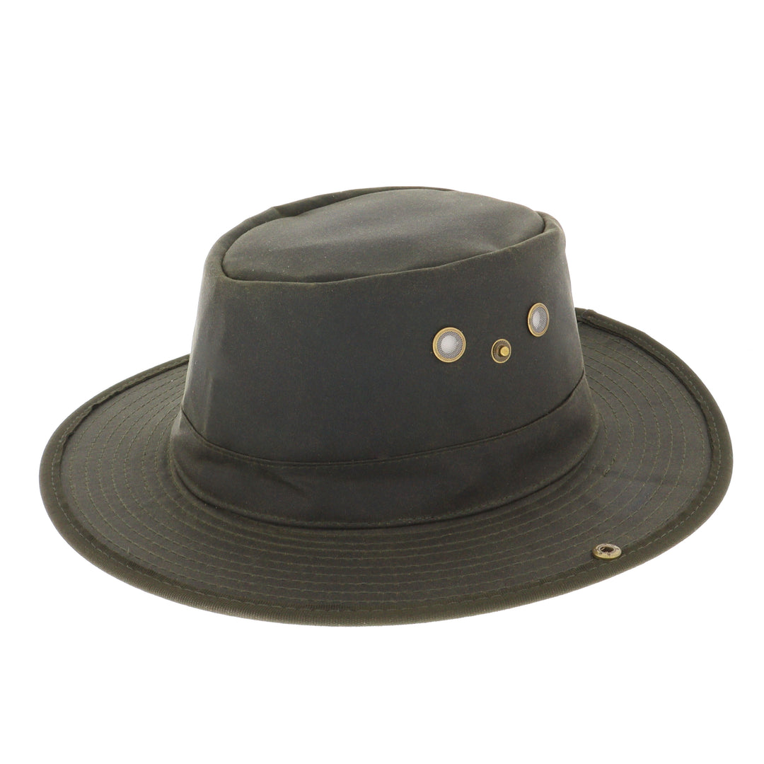 Waxed Cotton Aussie Style Bush Hat With Pin Up Brim in Olive
