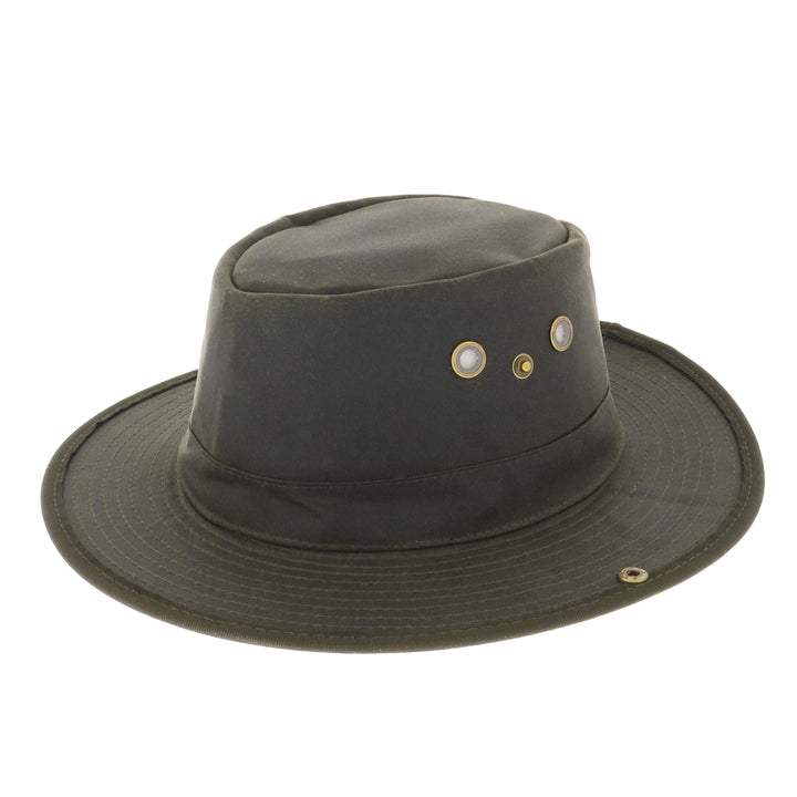 Waxed Cotton Aussie Style Bush Hat With Pin Up Brim in Olive