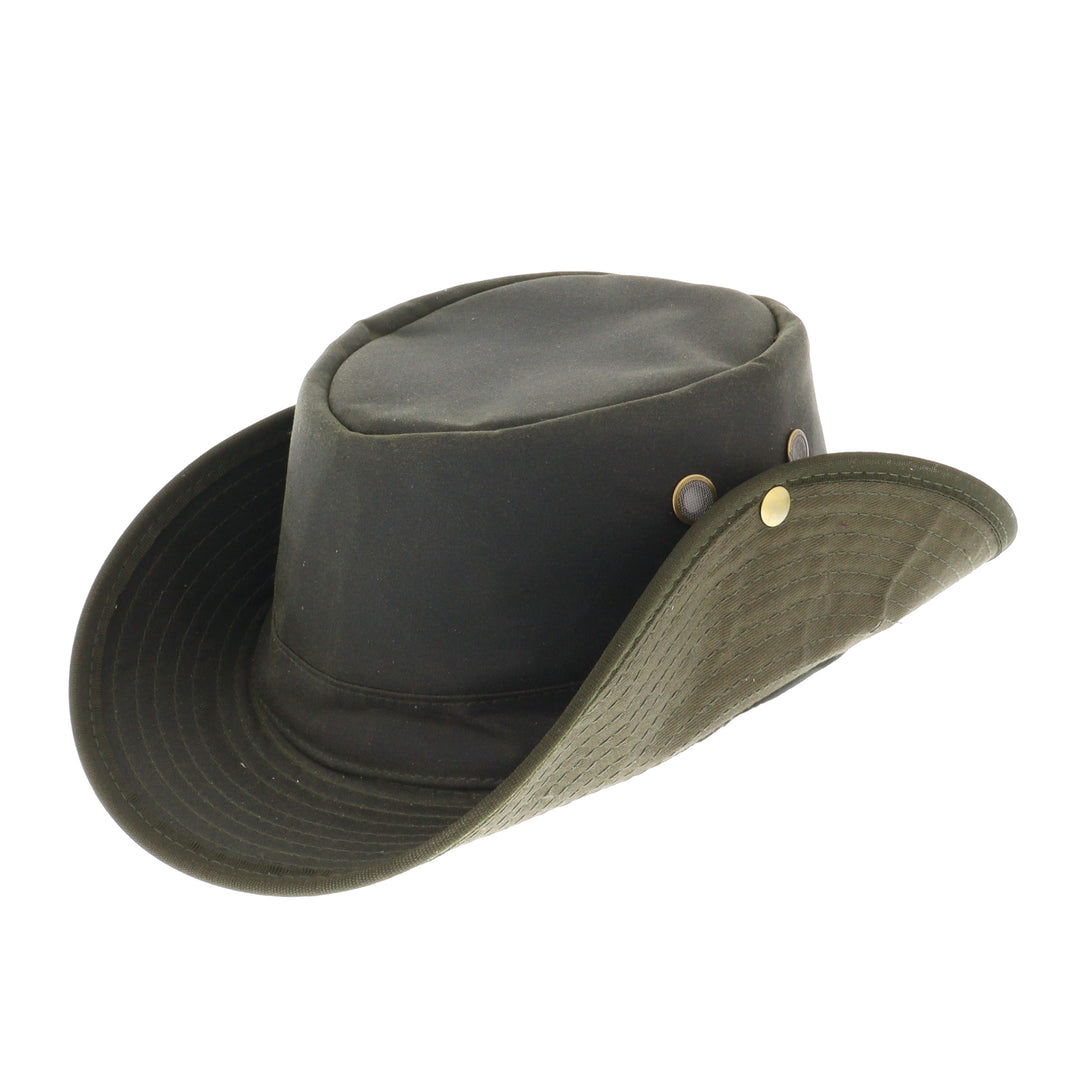 Waxed Cotton Aussie Style Bush Hat With Pin Up Brim in Olive