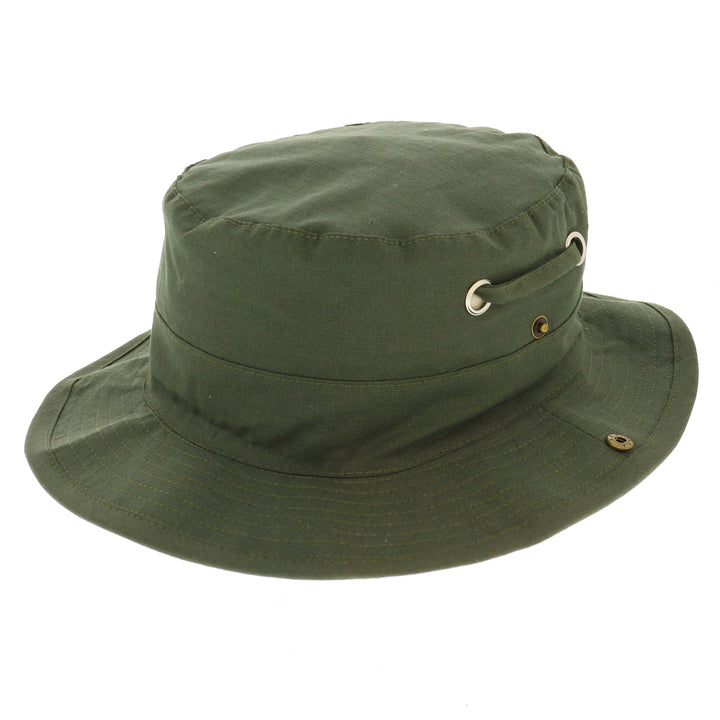 Olive Green Cotton Bush Hat With Chin Strap & Press Stud Sides