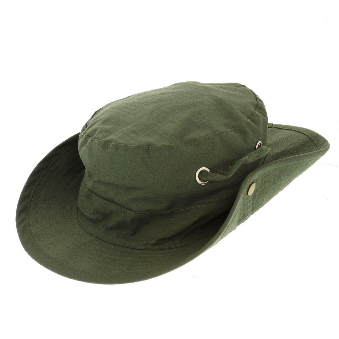 Olive Green Cotton Bush Hat With Chin Strap & Press Stud Sides