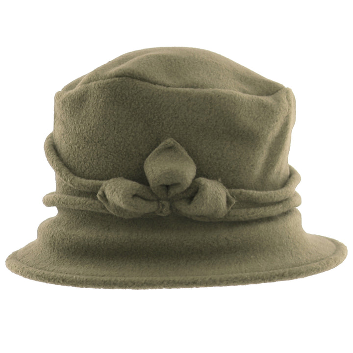 Super Soft Fleece Cloche With Piping & Bow Detail in Olive