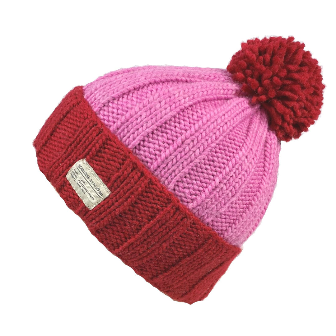 Kusan Moss Yarn Turn Up Bobble Beanie Hat Red/Pink