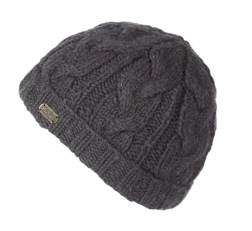 Kusan Cable Knit Wool Turn-Up Beanie Hat Charcoal