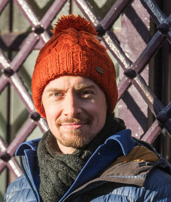 Kusan Cable Knit Bobble Hat Orange
